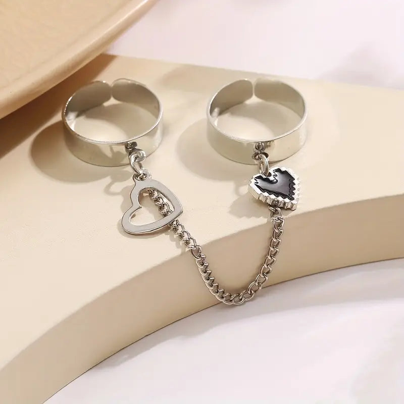 Rings Double Finger Ring Conjoined Ring Peach Heart Combination Ring Punk Style Open Adjustable Male and Female Conjoined Ring 03.webp